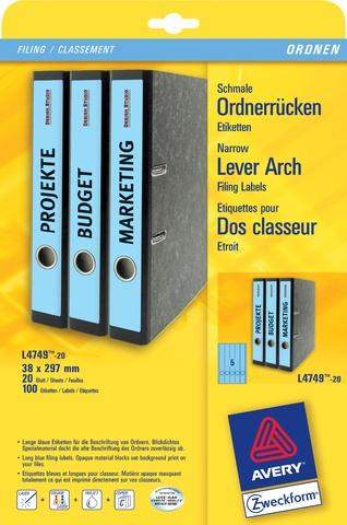 Rückenschilder PC 297x38mm Zweckform 4749 blau Pck=100St.