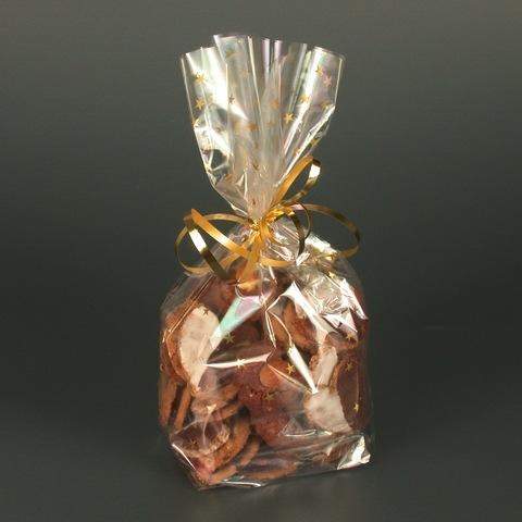 Folienbeutel Gebäckbeutel mit Kreuzboden 23,5 x 14,5 x 5 cm transparent Sterne gold 10 St.
