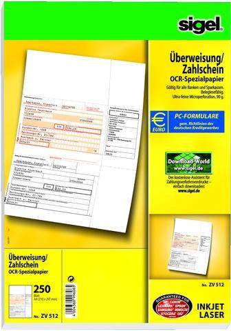 Überweisungsformular f. PC Bankformular Sigel ZV512 / 1 Pckg.